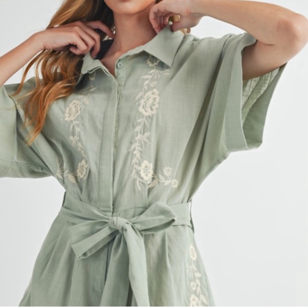 912. The Summer Sage Linen Embroidered Dressy Romper